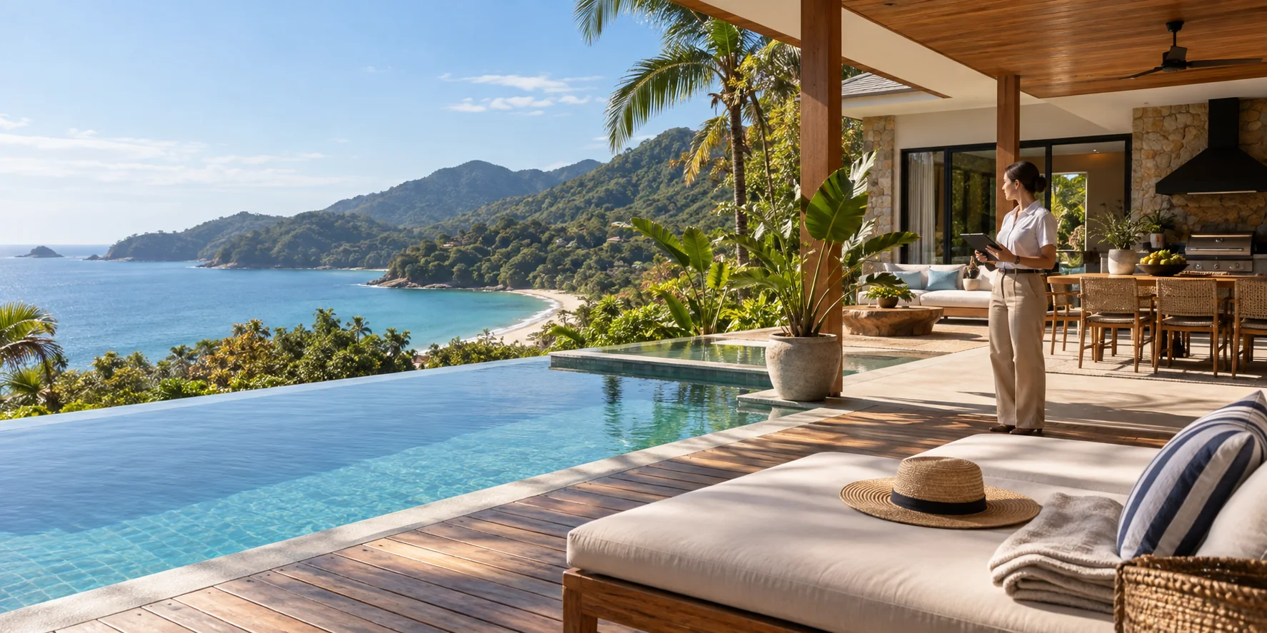 Imagem produzida de casa de praia com piscina e vista costeira para representar a protecao residencial