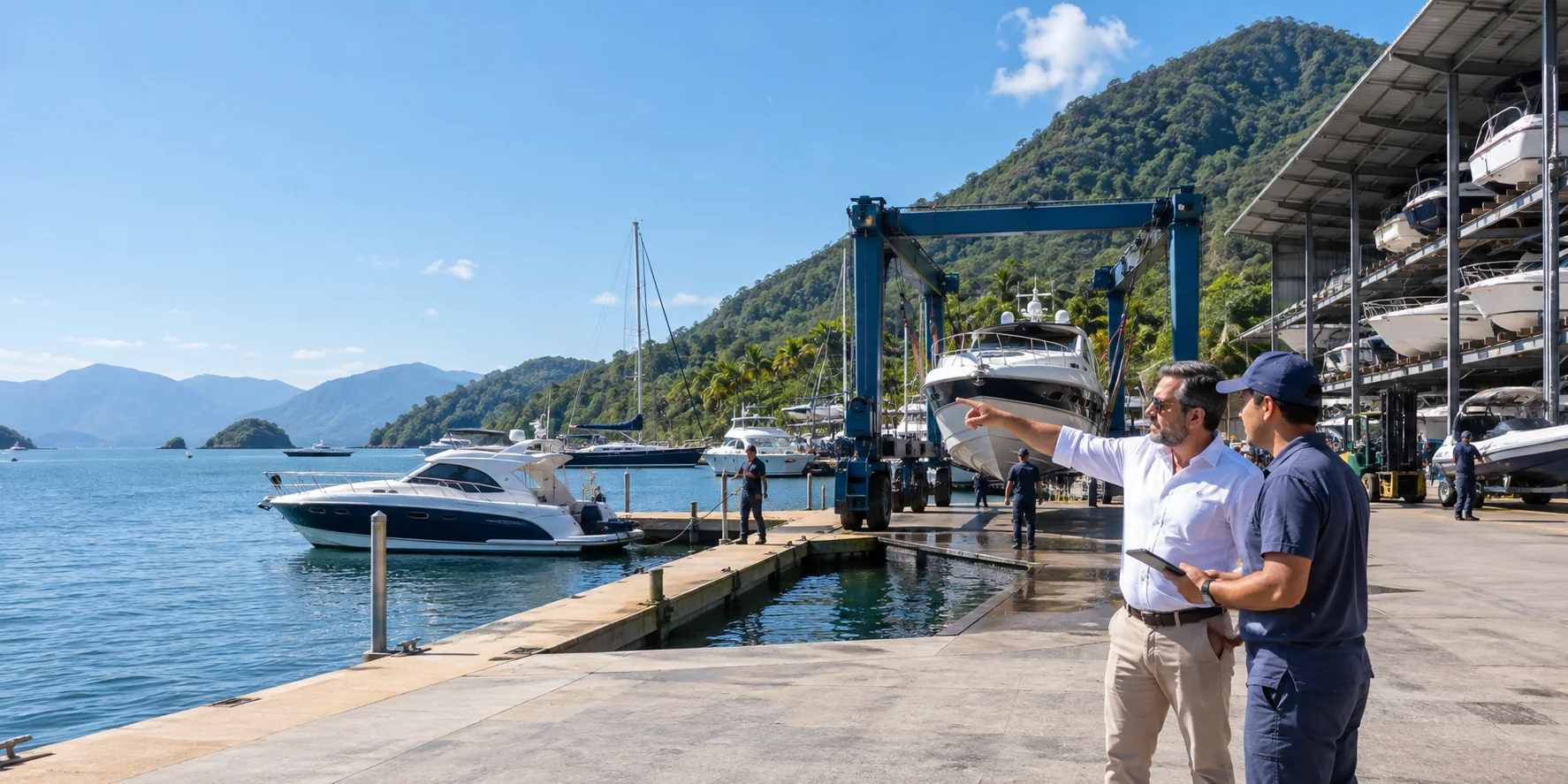 Imagem editorial de embarcacao no litoral para representar uma operacao de marina