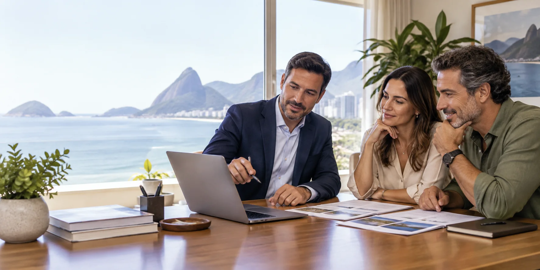 Imagem produzida de um cliente e uma consultora revisando documentos de seguro com atencao