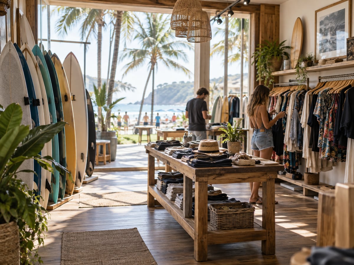 Imagem editorial ilustrativa de uma loja de surf no litoral