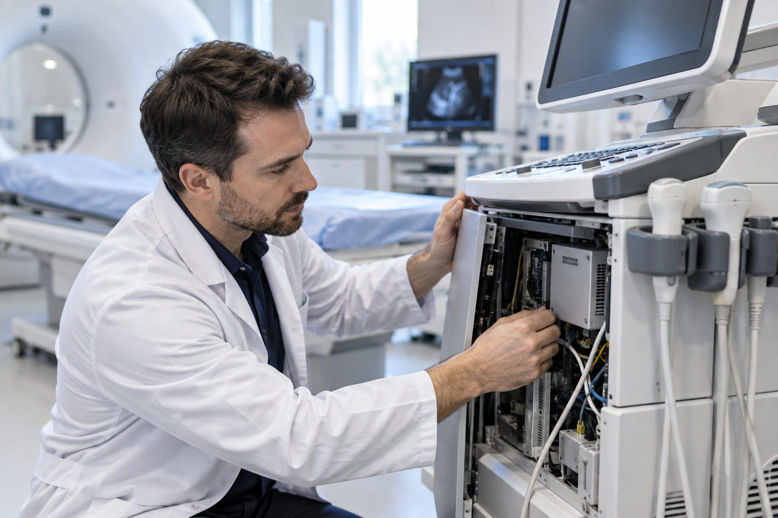 Profissional analisando equipamentos para representar a proteção de equipamentos médicos